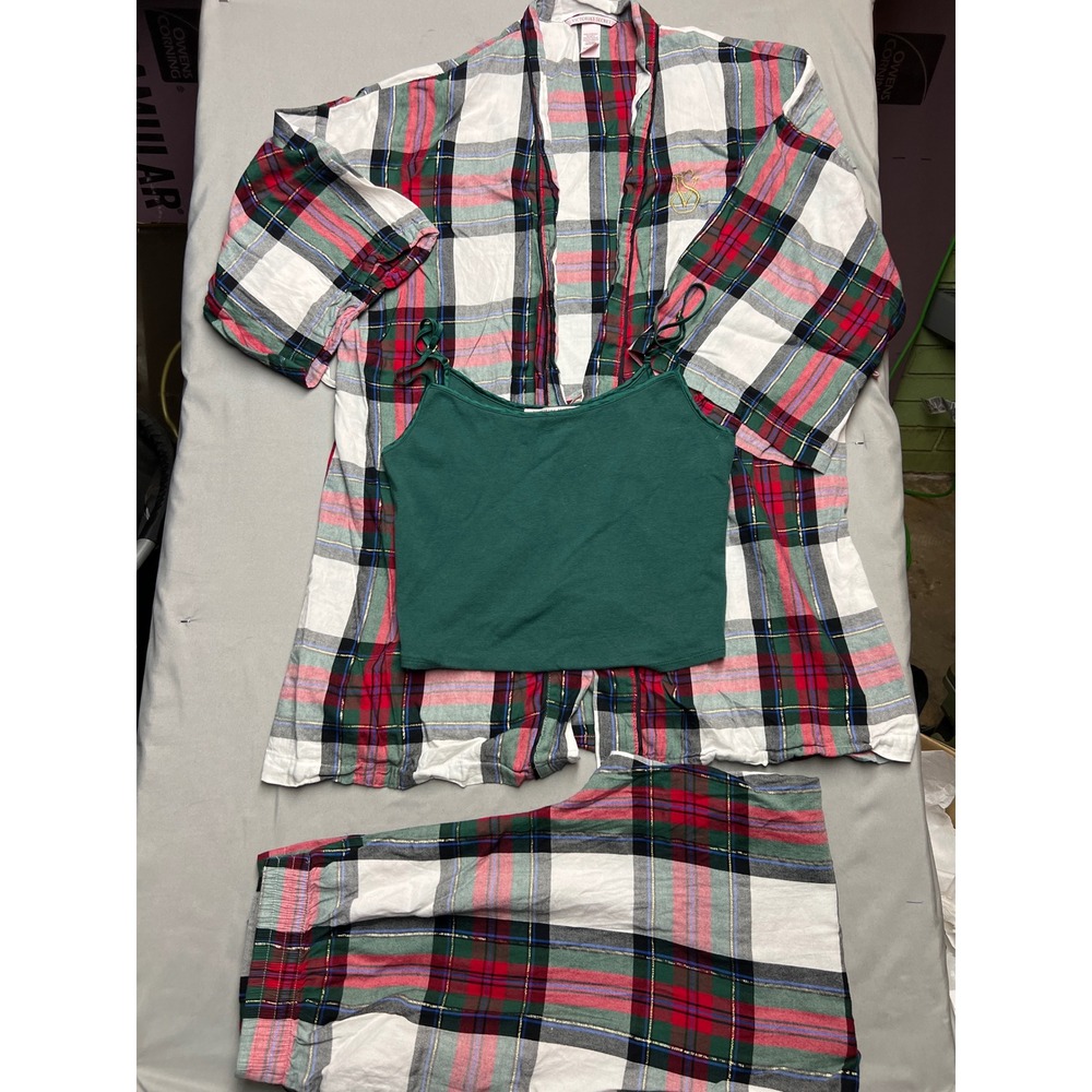 Victoria's Secret 3pc Pajama Set Plaid Robe Pants Cami Green Red Gold XS/S